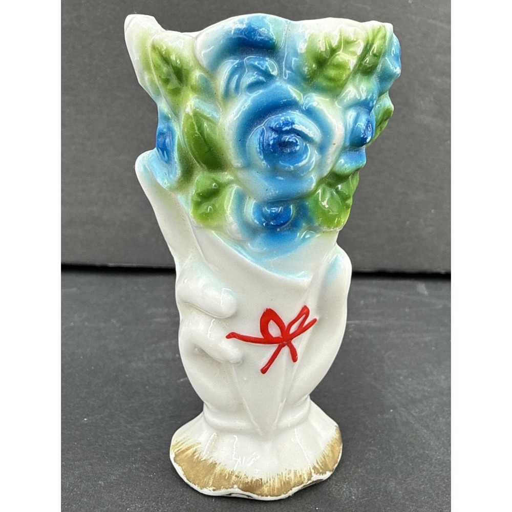 Vintage 1940's Blue Rose Hand Bud vase Match Stick Holder Japan 3"